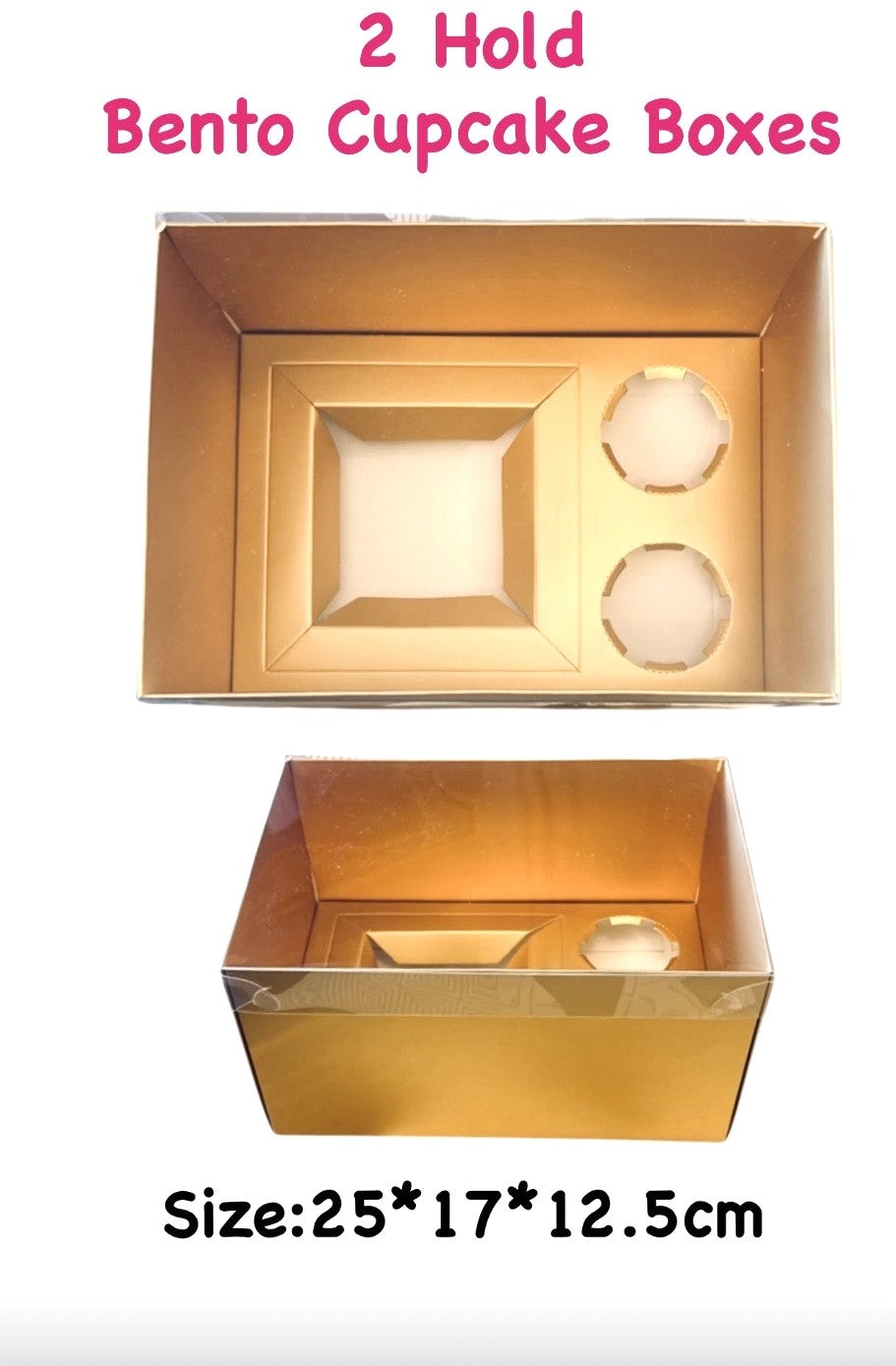 Bento Cupcake Box 2 hold Clear Lid - Gold
