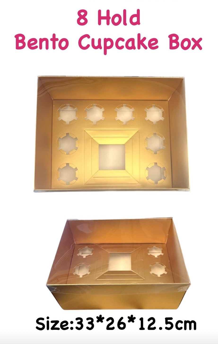 Bento Cupcake Box 8 Hold Clear Lid - Gold