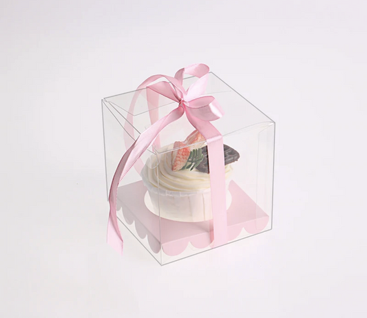 Transparent Single Cupcake Box Pink Scalloped Base