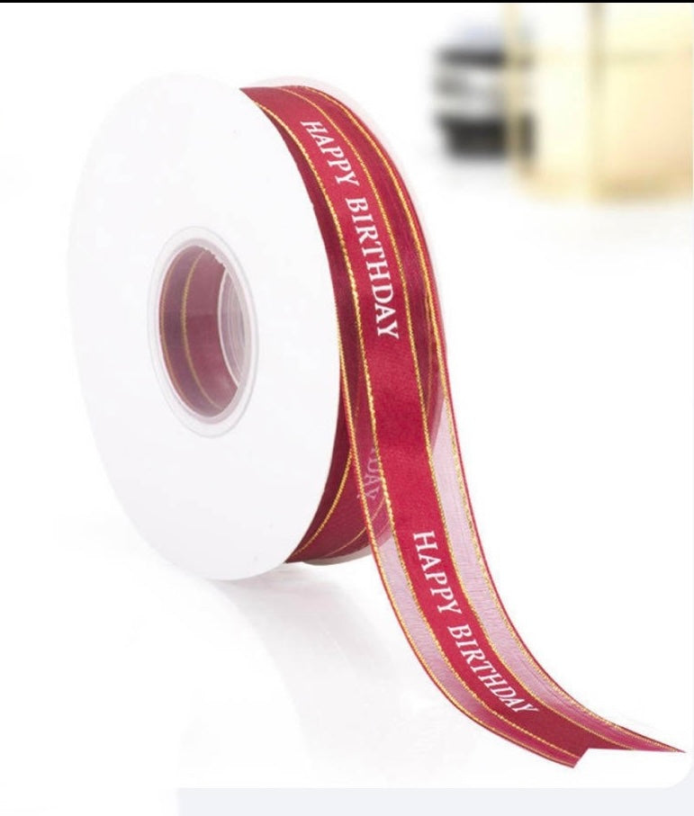 Happy Birthday Organza Ribbon With Gold Edging-Wine