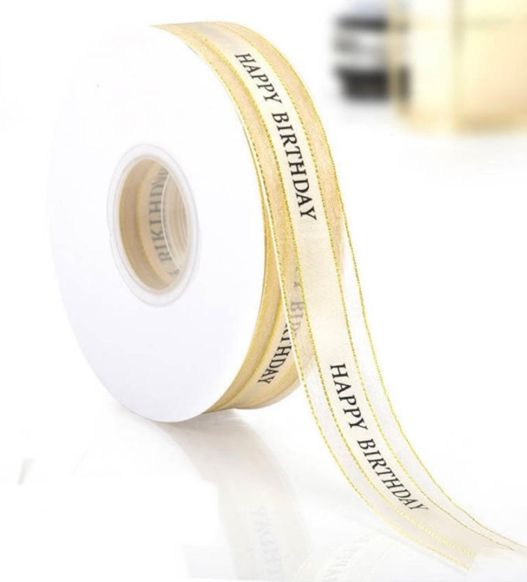 Happy Birthday Organza Ribbon With Gold Edging- Cream