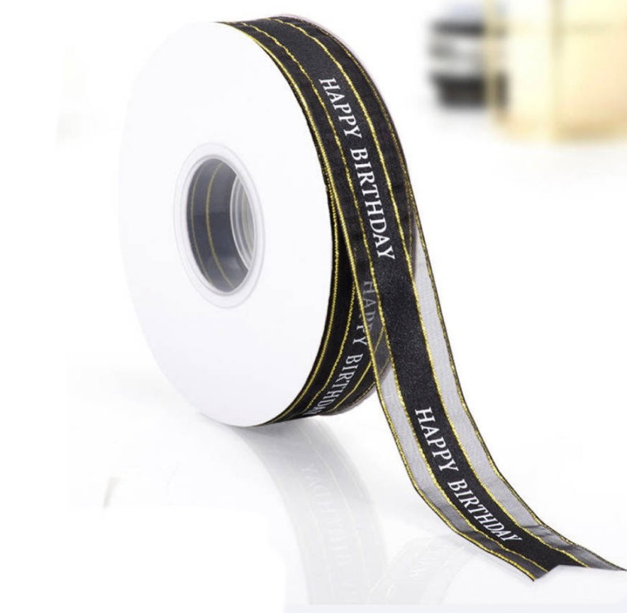 Happy Birthday Organza Ribbon With Gold Edging- Black