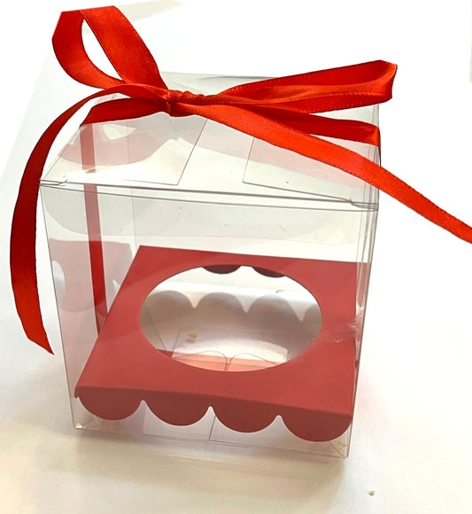 Transparent Single Cupcake Box Red Scalloped Base